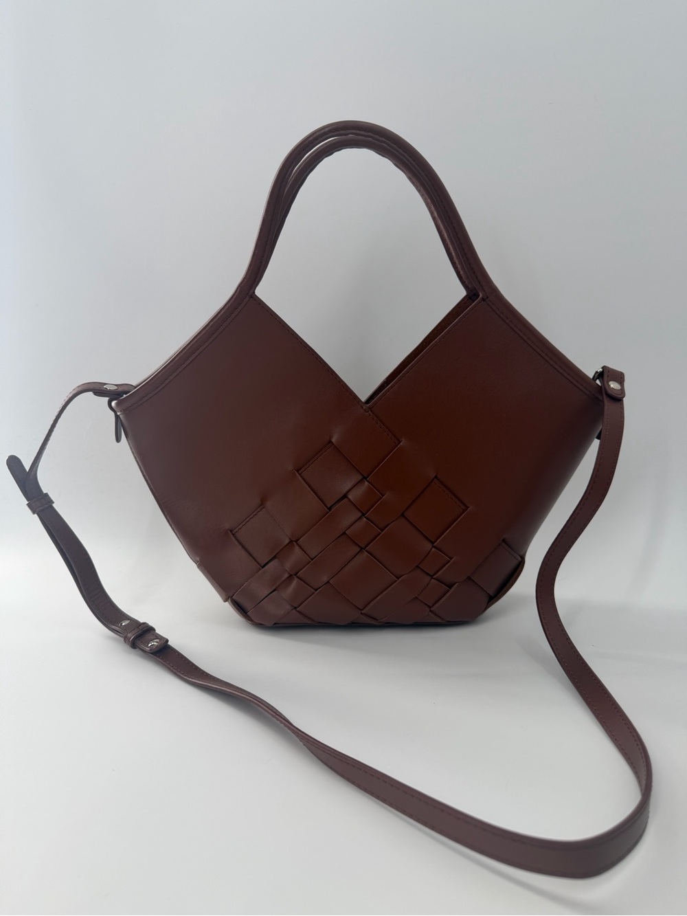Hereu Coloma Interwoven Calf Leather Shoulder Crossbody Chestnut Brown Tote Bag